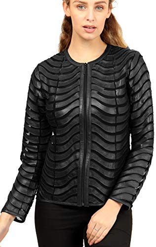 Women's Genuine Lambskin Leather Applique Mesh Jacket Made by Handmade